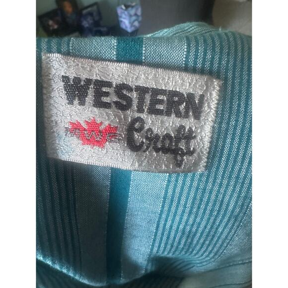 Western Craft Snap Shirt Mens Large Green Stripe Snap Buttons - Picture 9 of 9